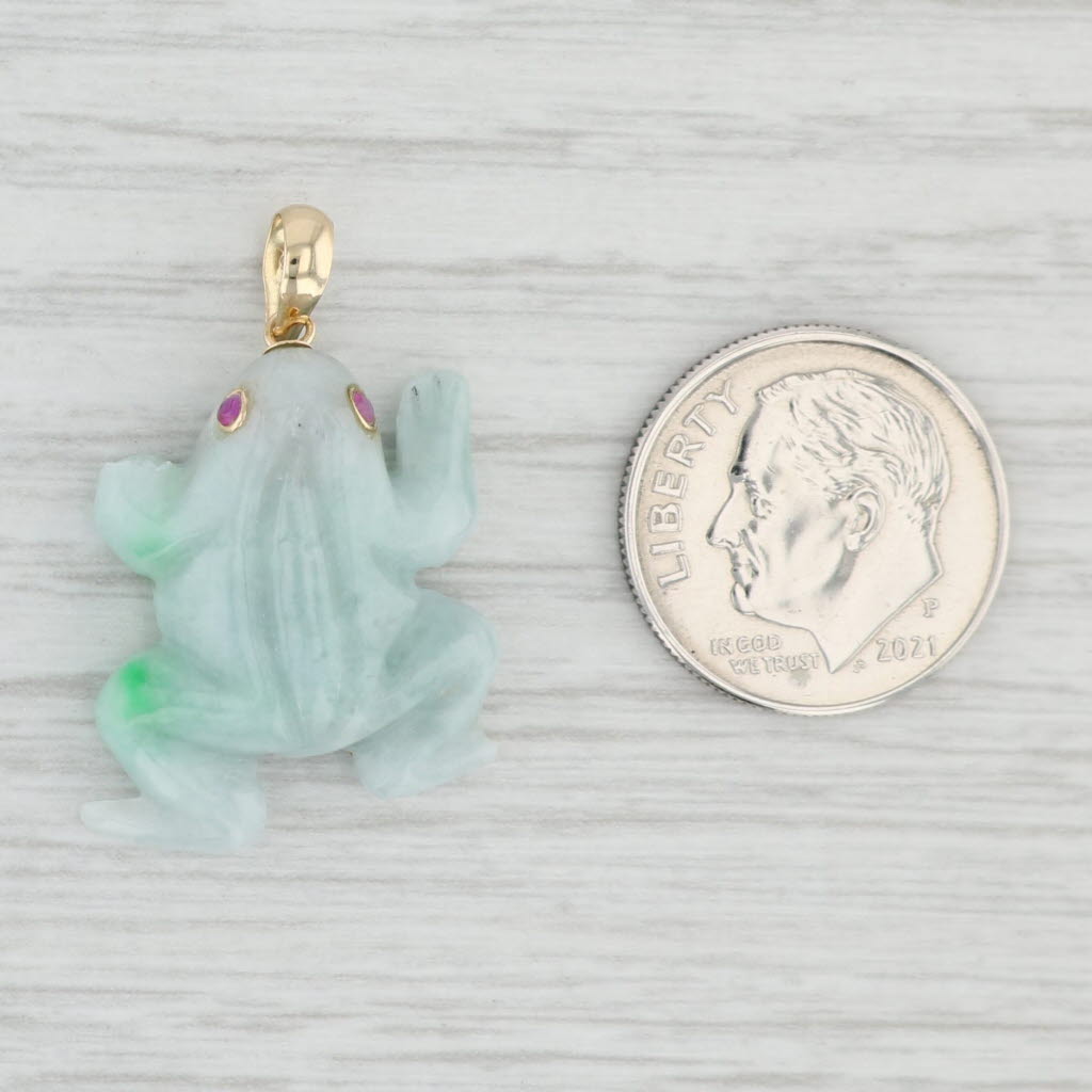 Light Gray Lab Created Ruby Green Jadeite Jade Frog Pendant 14k Yellow Gold Figurine