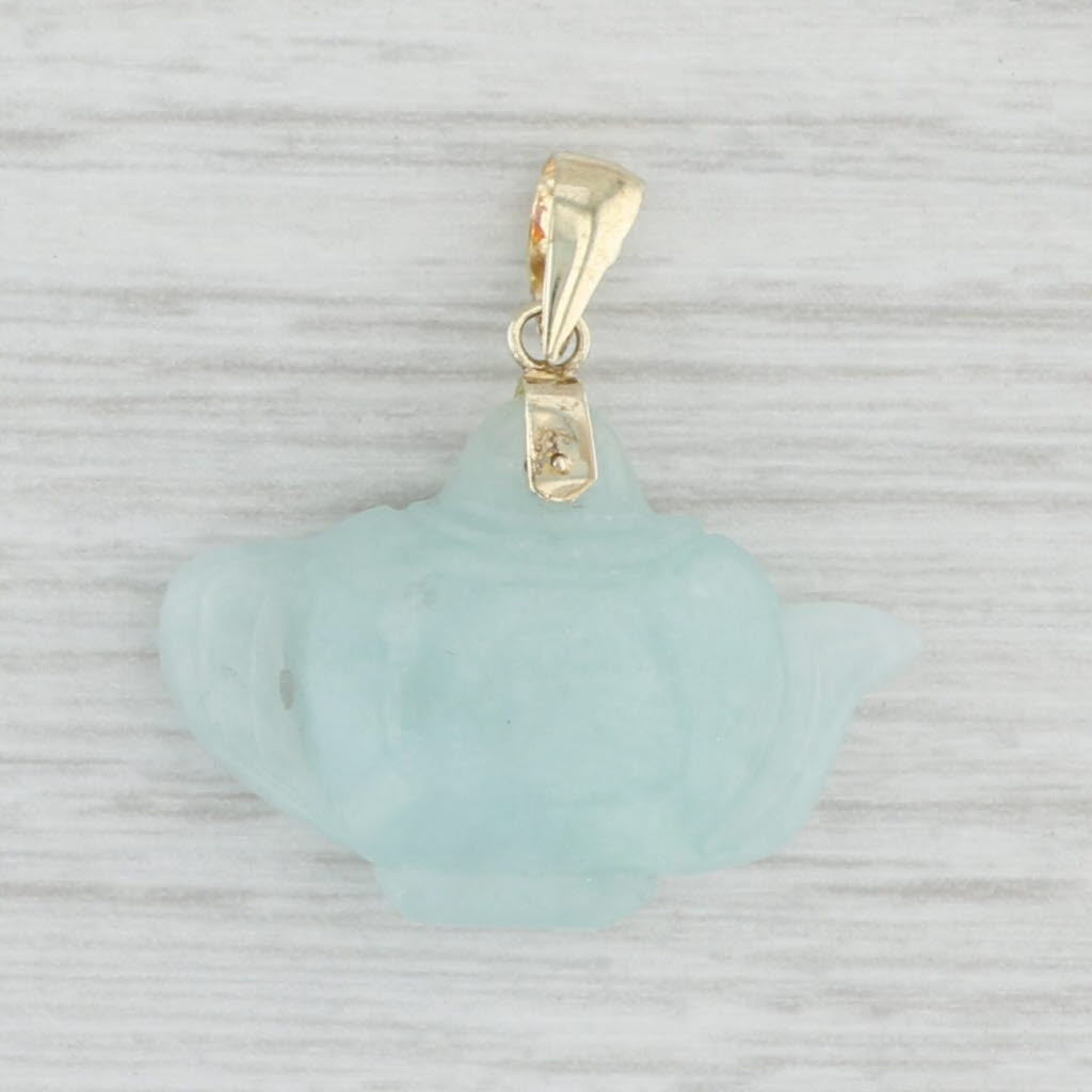Light Gray Green Jadeite Jade Carved Tea Pot Pendant 14k Yellow Gold