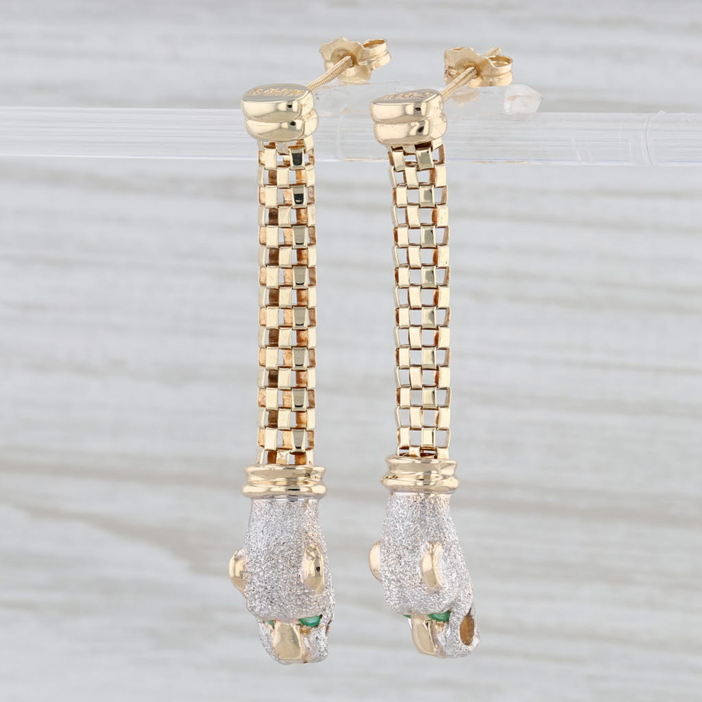 Light Gray Emerald Panther Wildcat Dangle Earrings 14k Yellow Gold Pierced Drops