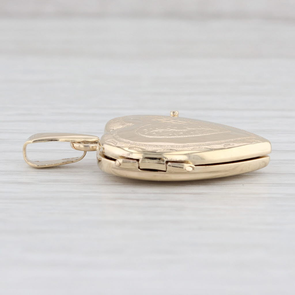 Light Gray Floral Etched Heart Picture Locket Pendant 14k Yellow Gold Engravable