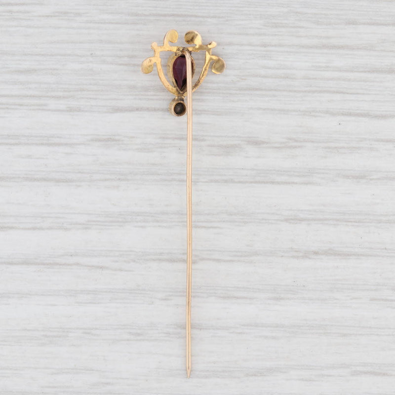 Light Gray Antique Purple Glass Stickpin Teardrop 10k Yellow Gold