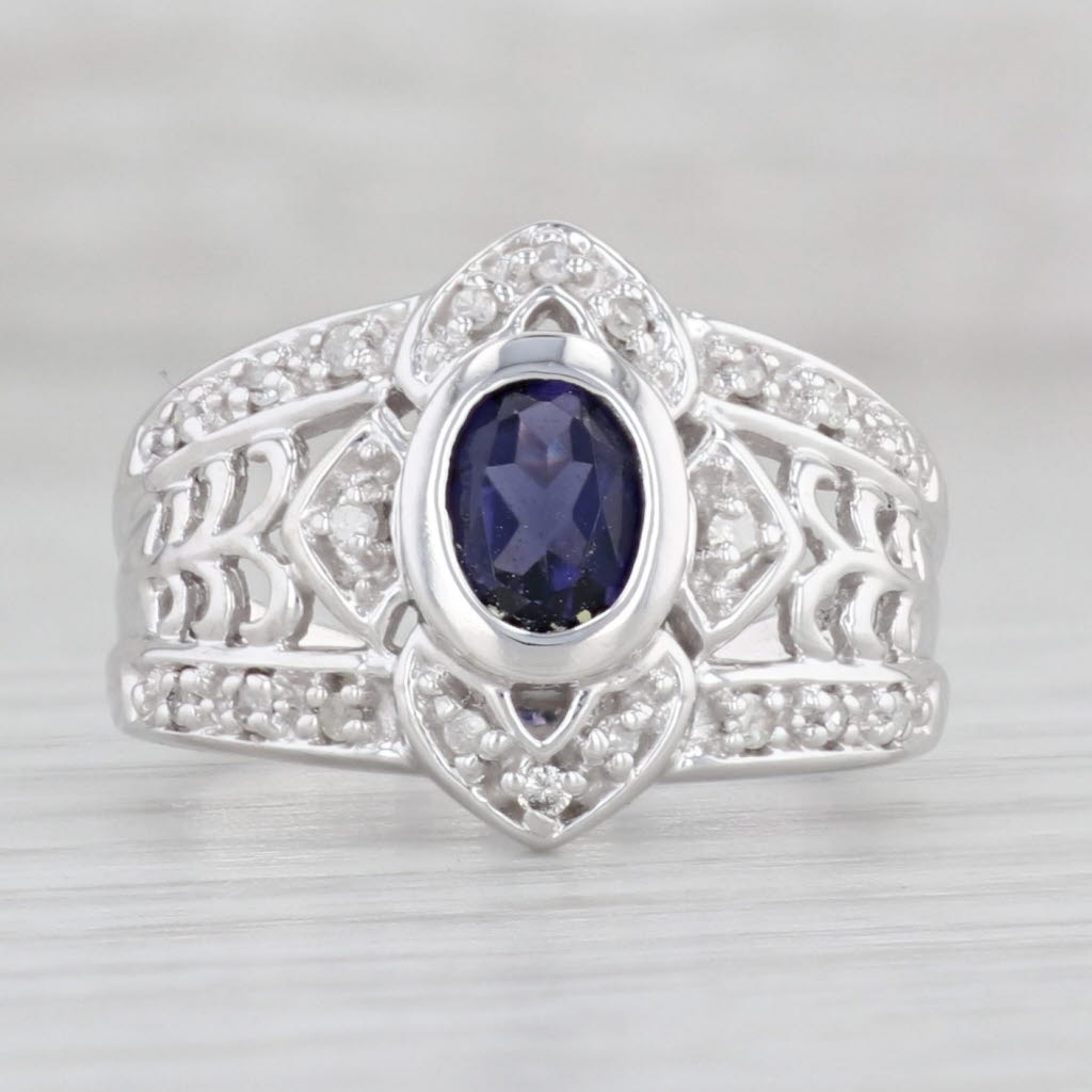 Light Gray 0.60ctw Oval Iolite Diamond Ring 10k White Gold Size 6.75-7