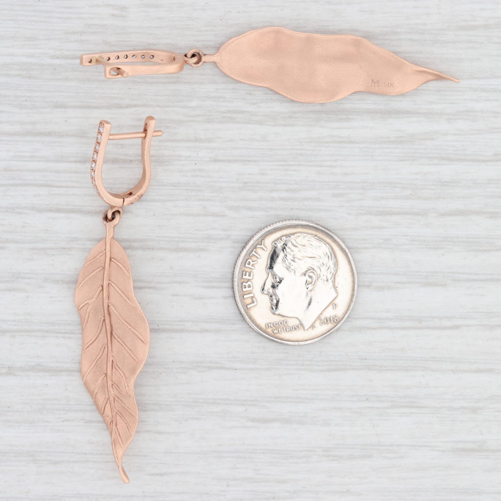 Light Gray New Leaf Dangle Earrings 14k Rose Gold Diamond Accents Pierced Drops