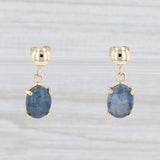 Light Gray Rainbow Flecked Blue Synthetic Opal Drop Earrings 14k Yellow Gold Oval Solitaire
