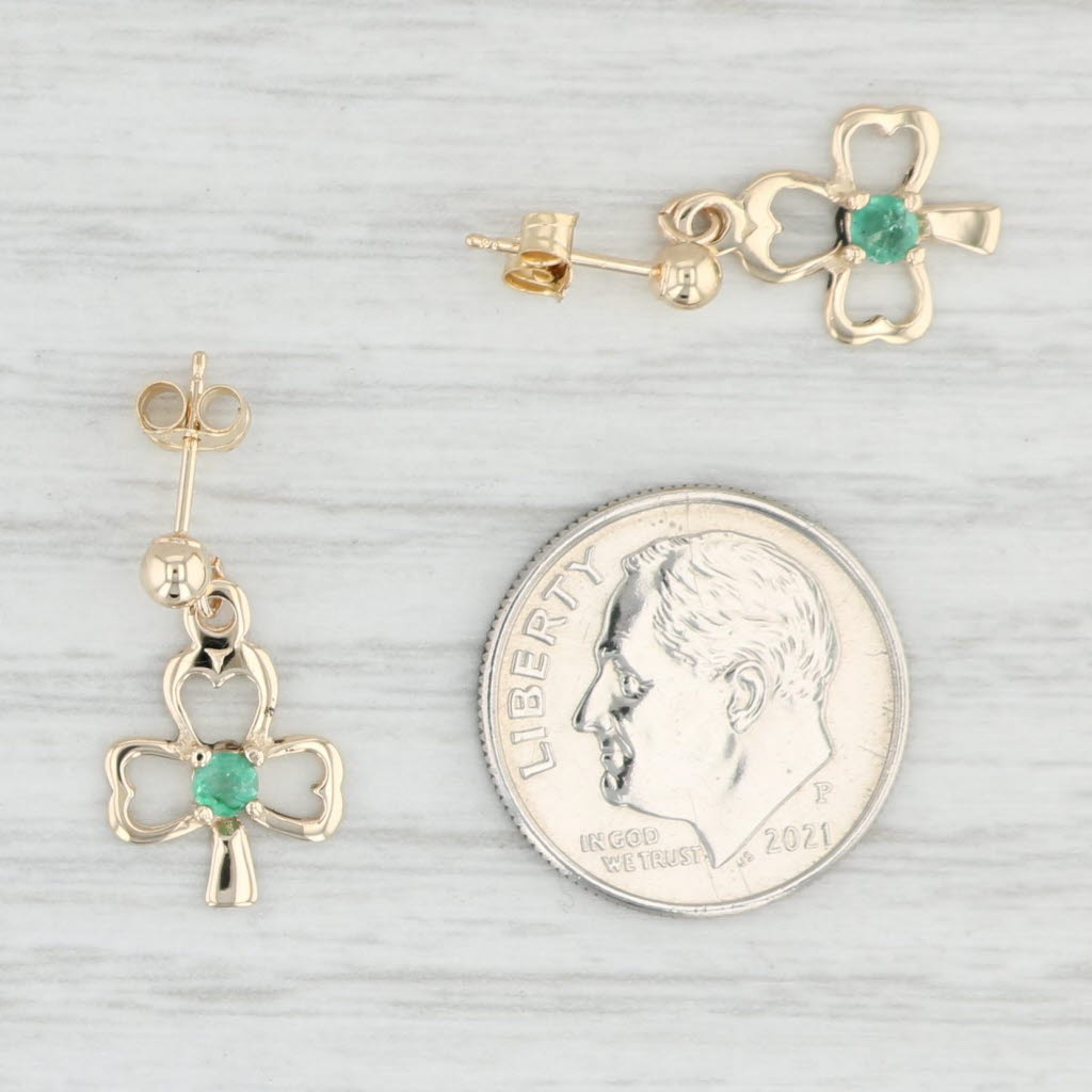 Light Gray 0.15ctw Emerald Clover Dangle Earrings 14k Yellow Gold Pierced Drops