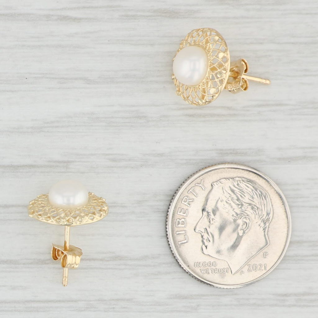 Light Gray Freshwater Cultured Pearl Filigree Stud Earrings 14k Yellow Gold