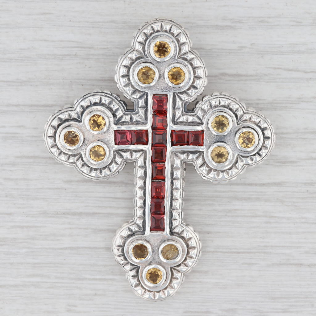 Light Gray 8.45ctw Gemstone Cross Pendant 925 Sterling Silver Citrine Garnet Brooch Barse