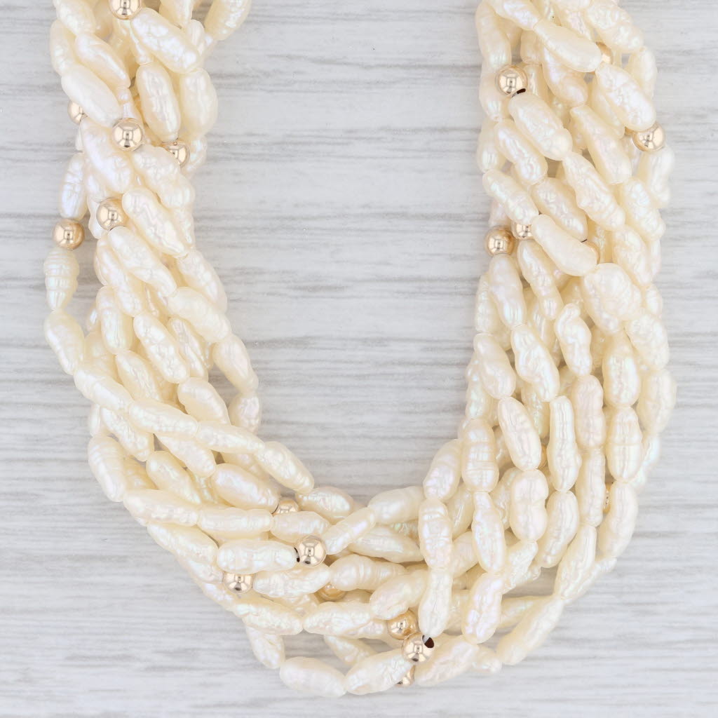 Light Gray Freshwater Rice Krispy Pearl Necklace 14k Gold 24.25" Long Multi-Strand