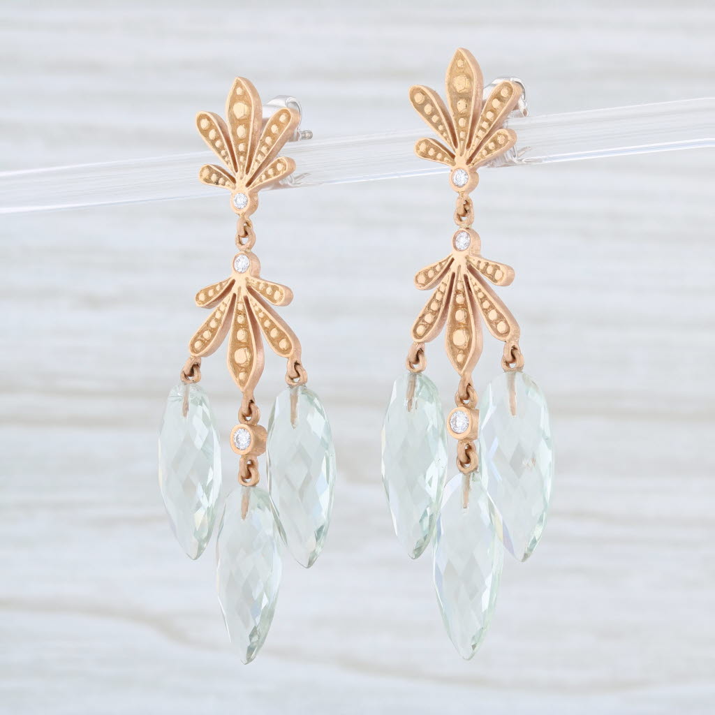 Light Gray Jamie Wolf Green Quartz Diamond Drop Earrings 18k Gold Pierced Ornate Dangle