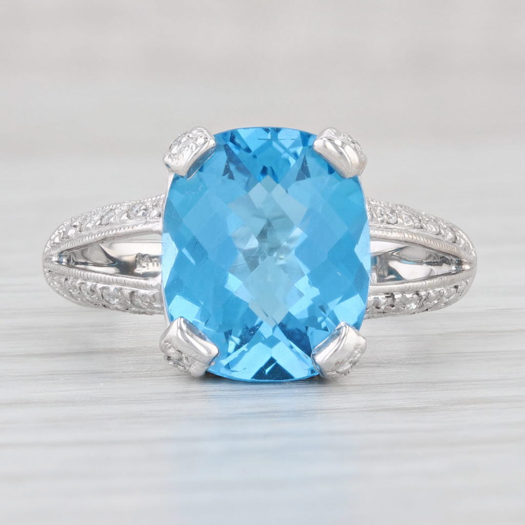 Light Gray 6ctw Rectangle Blue Topaz Diamond Ring 14k White Gold Size 6.5