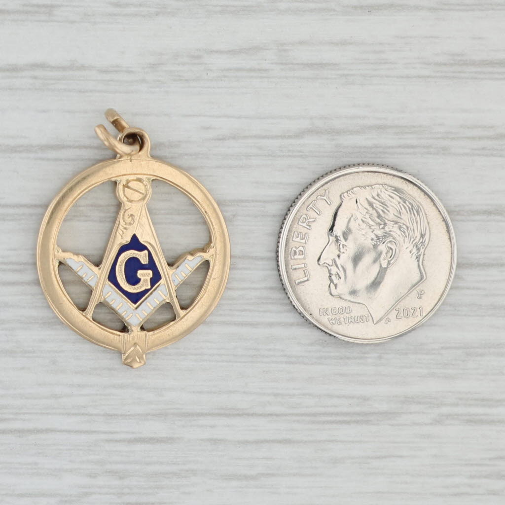 Light Gray Antique Masonic Blue Lodge Square Compass Pendant 14k Yellow Gold Enamel Charm