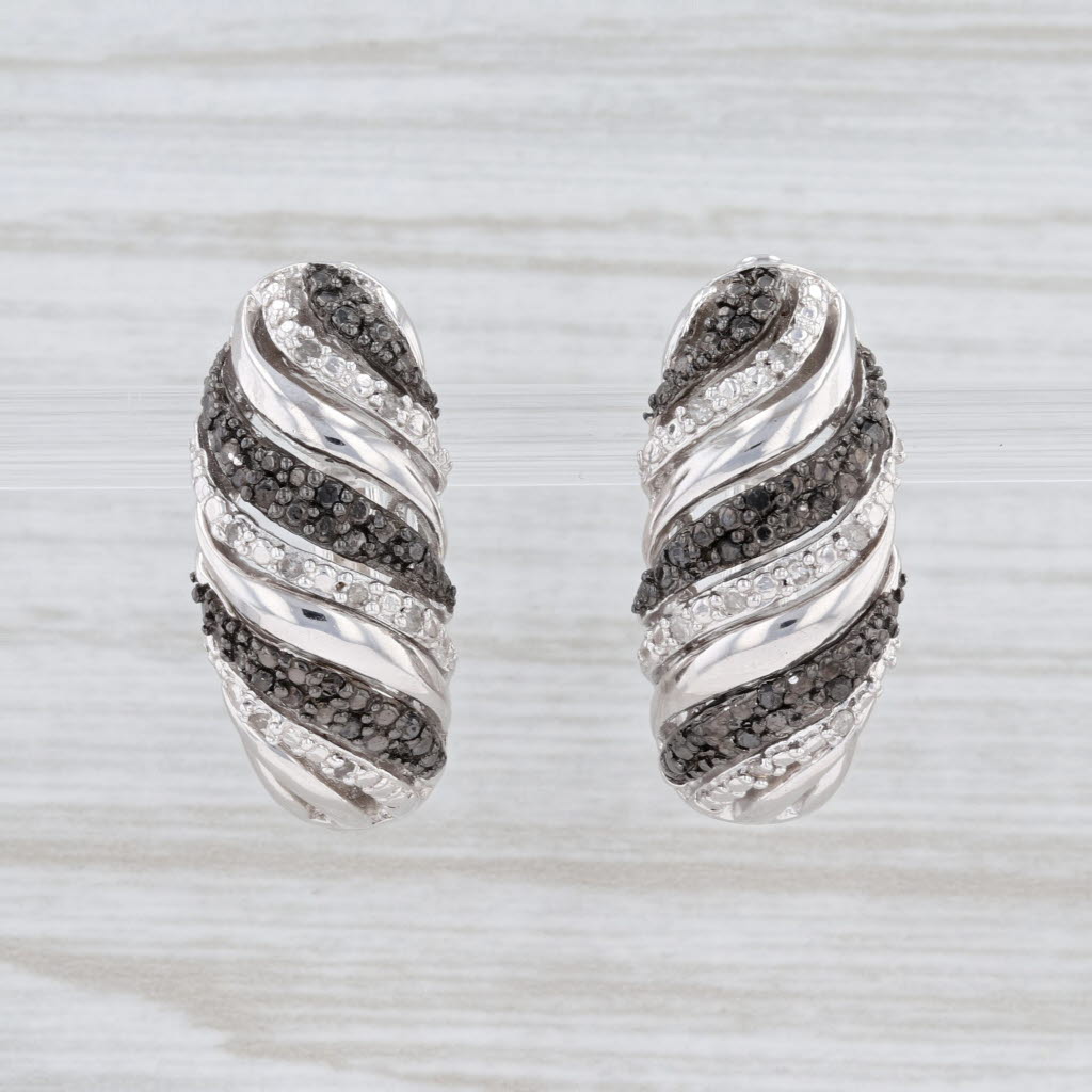 Light Gray New 0.25ctw Black White Diamond Hoop Earrings Sterling Silver Hinged Snap Top