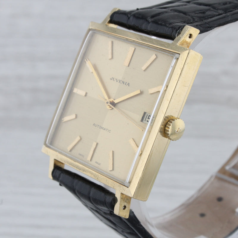 Gray Vintage Juvenia 18k Solid Yellow Gold Mens Automatic Square Watch Quadrant Dial