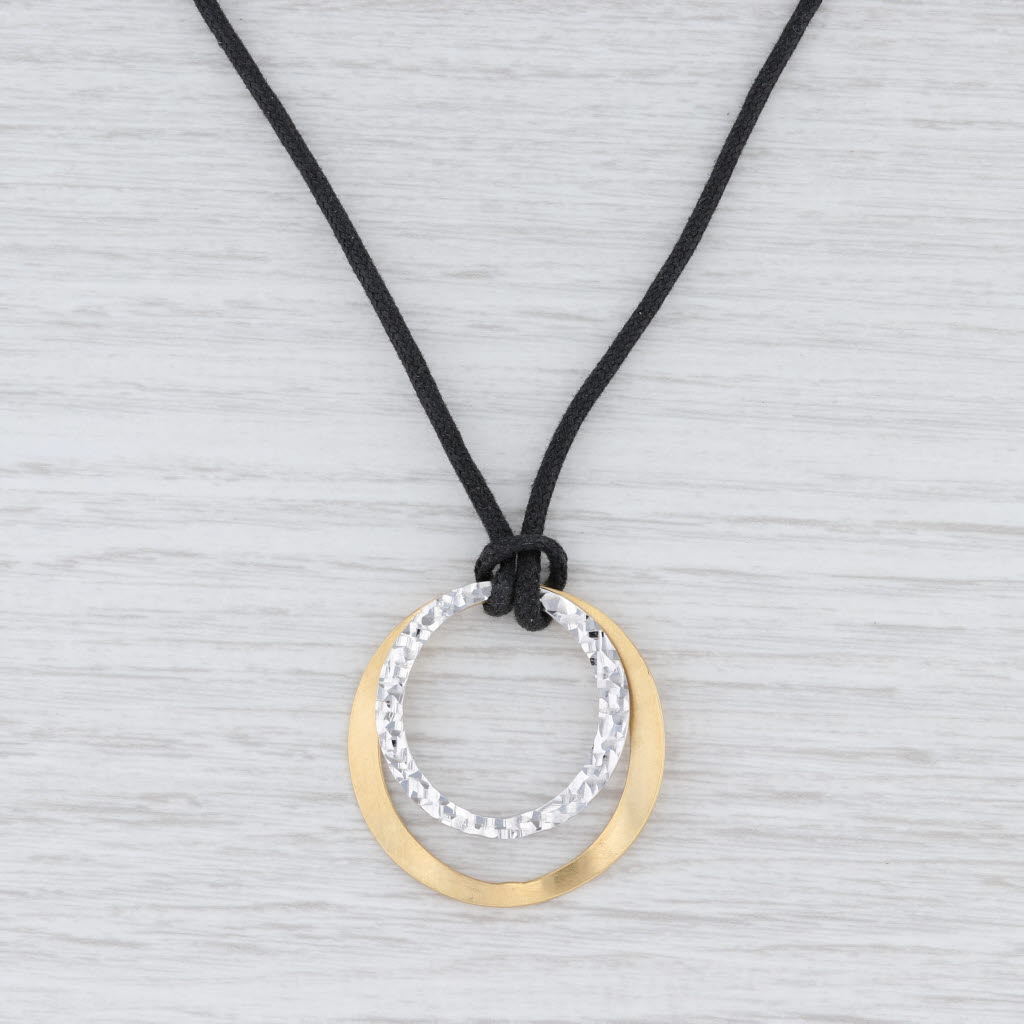 Light Gray 2-Toned Circles Pendant Necklace 14k Gold Black Cord 15" Choker Italian