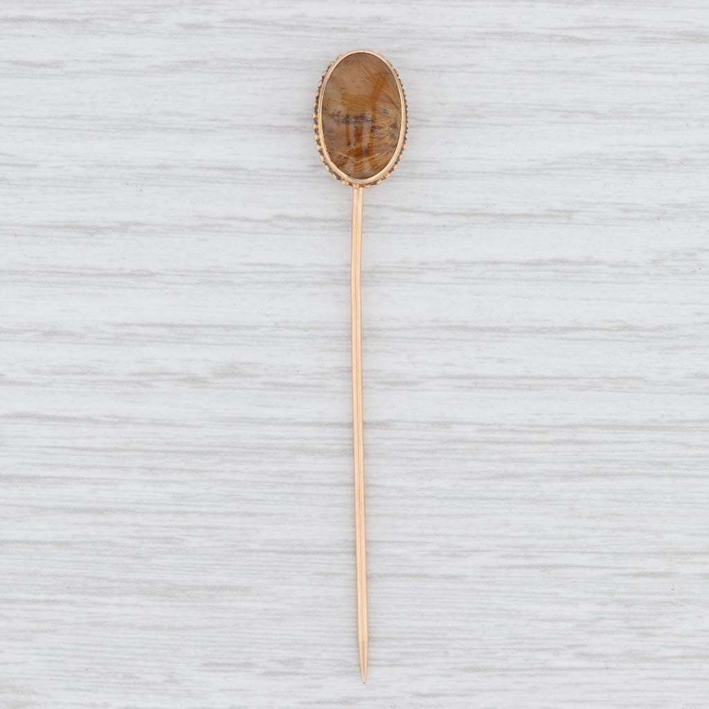 Light Gray Vintage Brown Chalcedony Stickpin 12k Yellow Gold