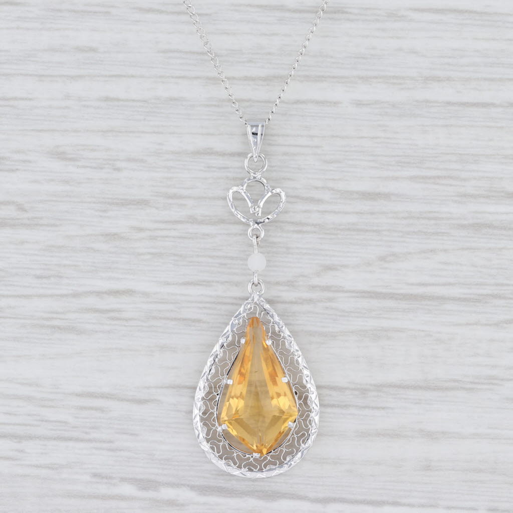 Light Gray Vintage Citrine Teardrop Pendant Necklace 14k White Gold Filigree 16" Curb Chain