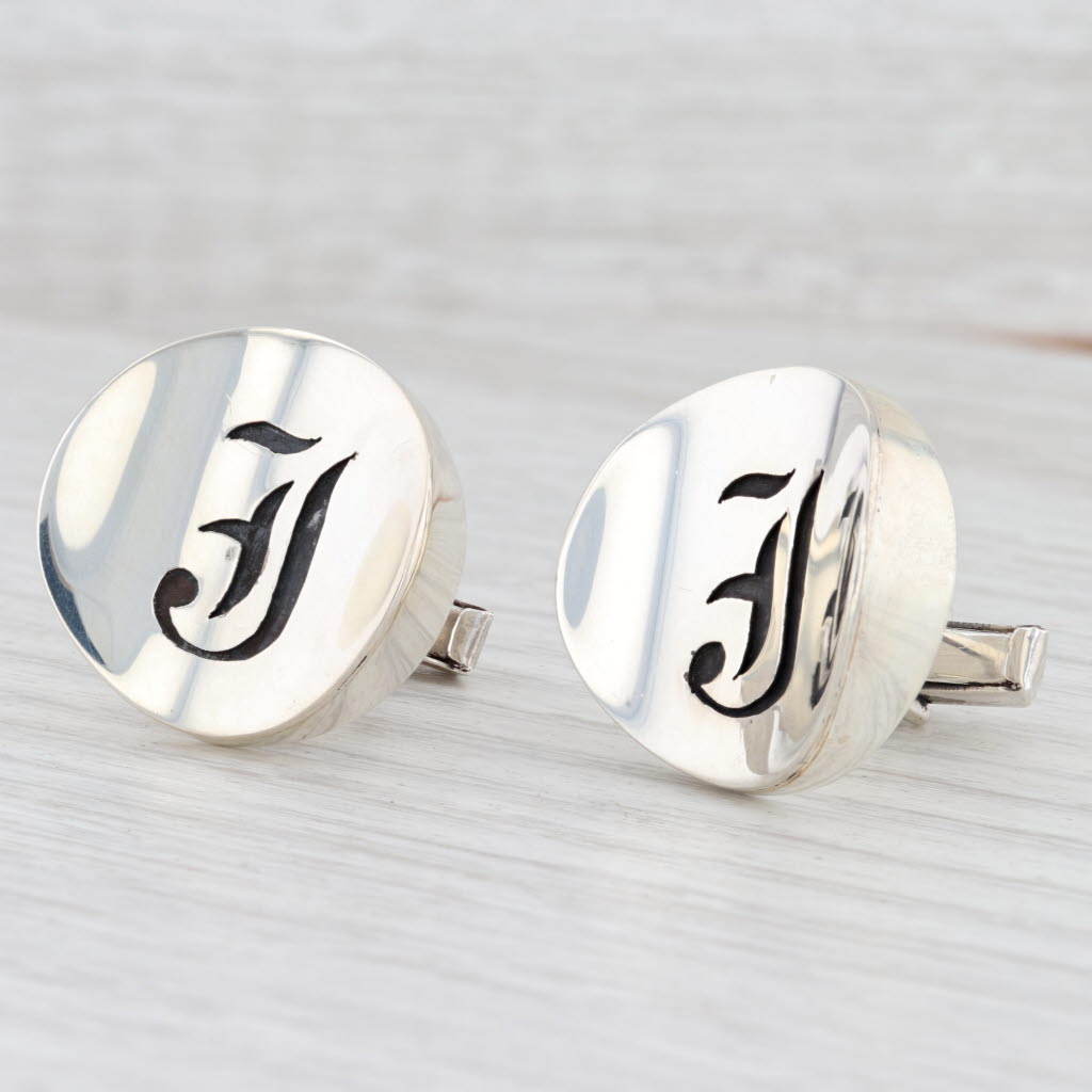 Light Gray Initial "J" Cufflinks Sterling Silver Old English Letter Taxco Artisan Signed