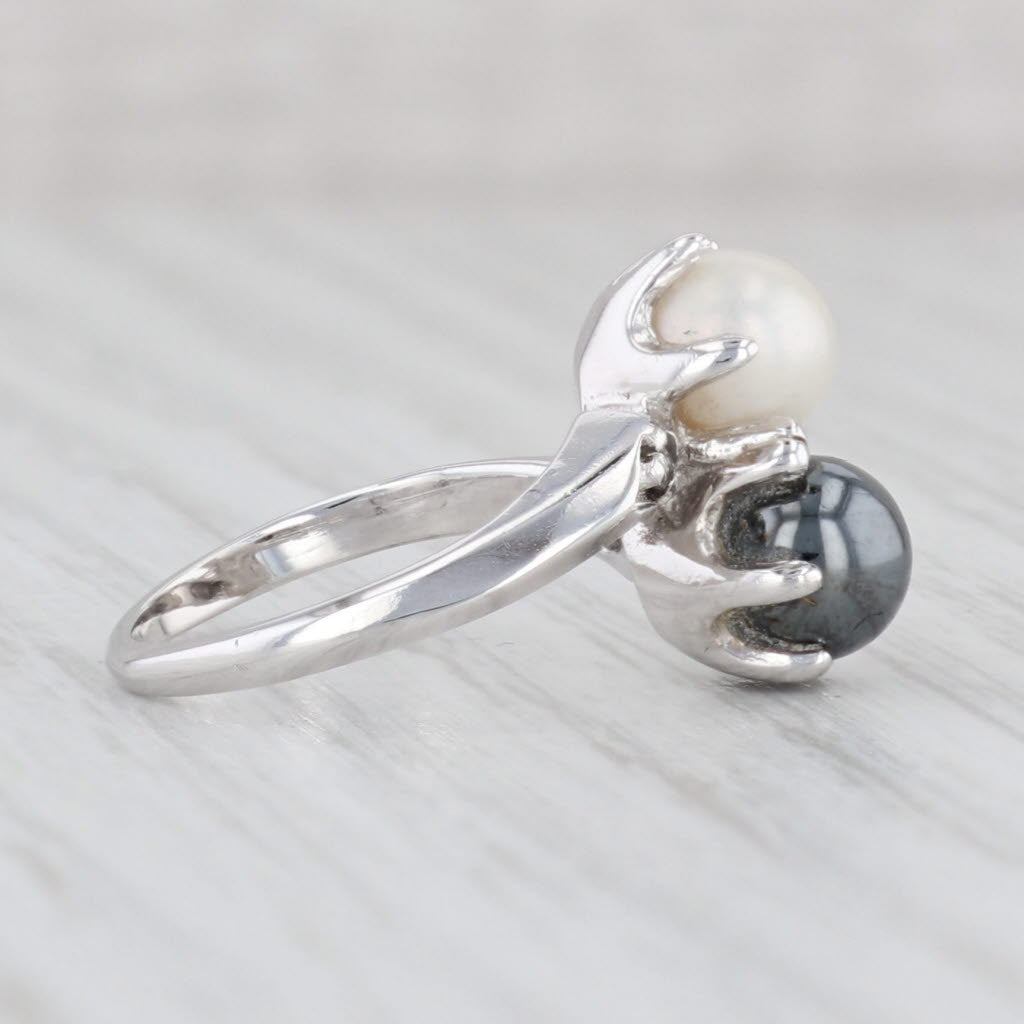 Light Gray Cultured Pearl Hematite Bypass Ring 14k White Gold Diamond Accents Size 3.5