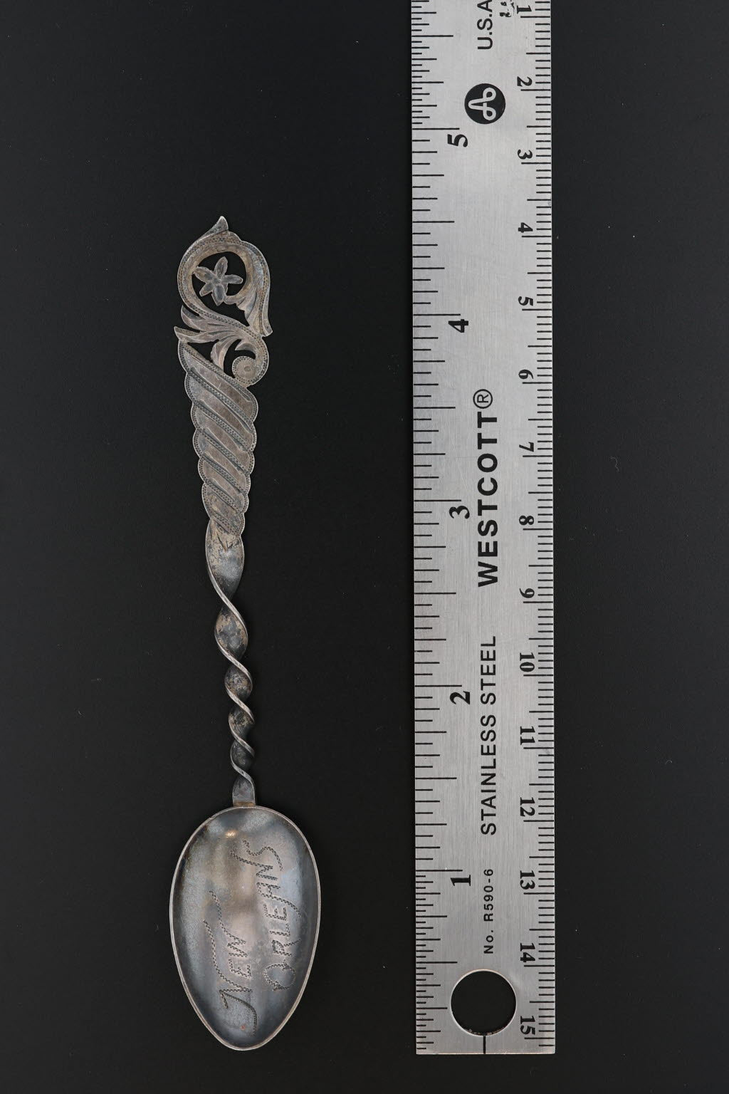 Black Antique New Orleans Souvenir Spoon Sterling Silver Floral Twist Handle