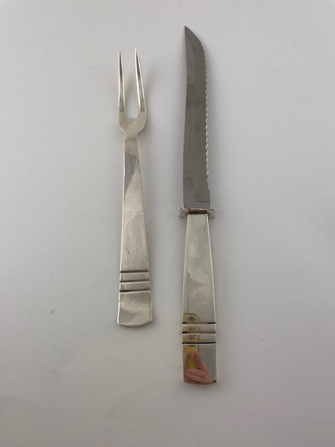Dark Gray Carving Set Fork & Knife Sterling Silver TB-59 Taxco Colonial Blade 9.75" 13"