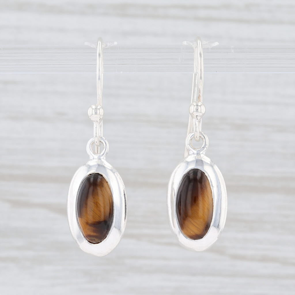 Light Gray New Brown Tiger's Eye Earrings Sterling Silver Hook Pierced Oval Solitaire Drop