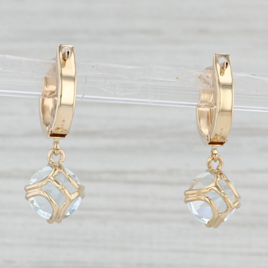 Light Gray 3.60ctw Round Aquamarine Dangle Hoops Earrings 14k Yellow Gold March Birthstone