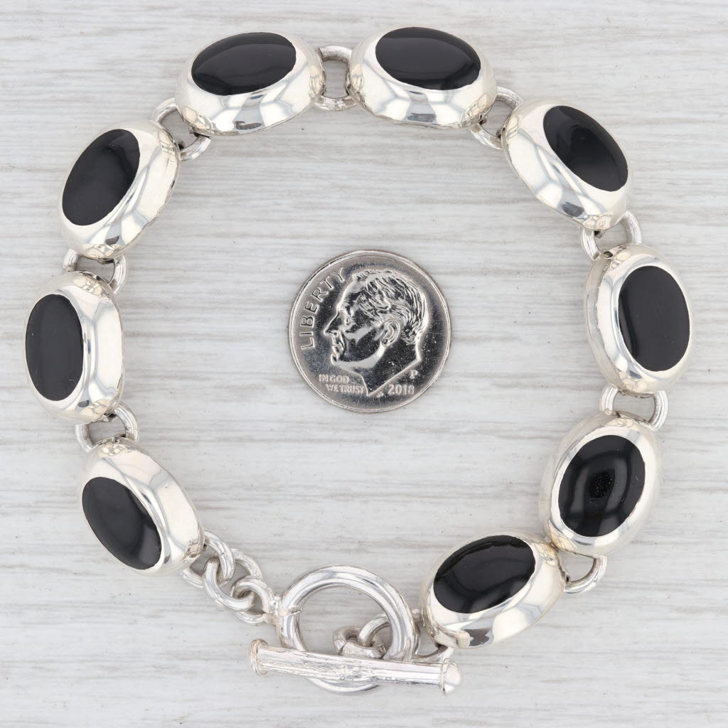 Light Gray New Black Resin Oval Link Bracelet Sterling Silver 7.5” 12.3mm Toggle Clasp