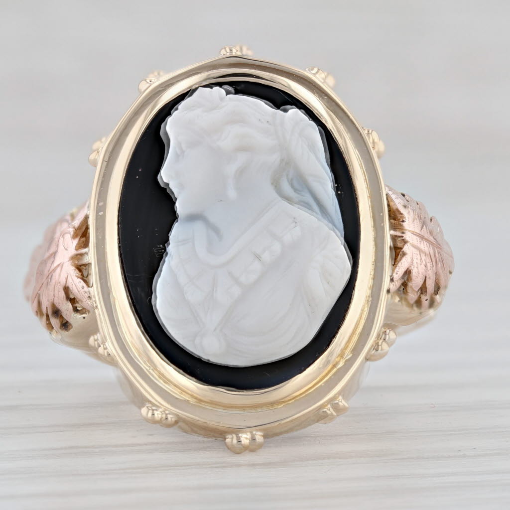 Gray Antique Chalcedony Black & White Cameo Ring 14k Yellow Rose Gold Size 6.25