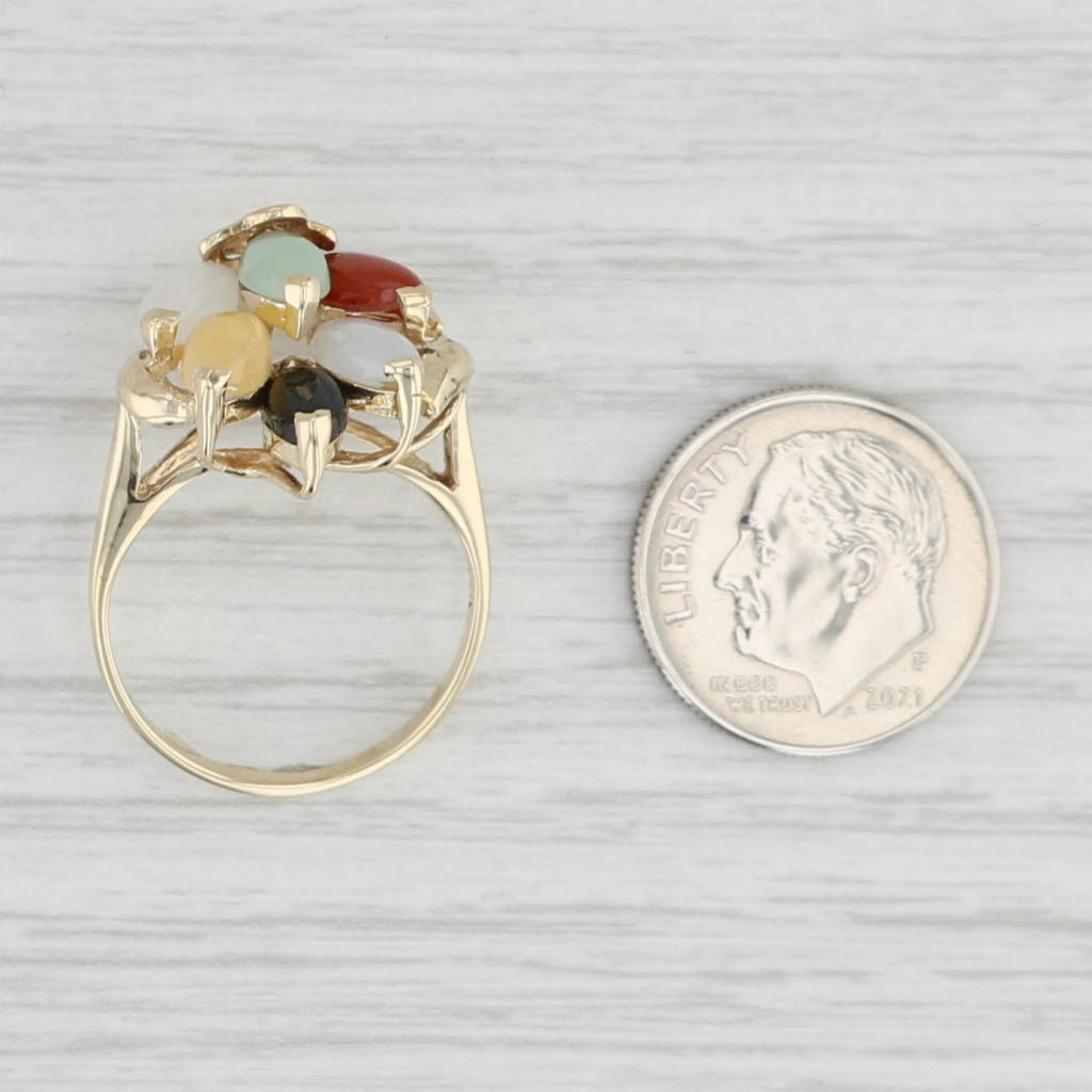 Light Gray Multi-Color Jadeite Jade Cluster Ring 14k Yellow Gold Size 6.75 Cocktail