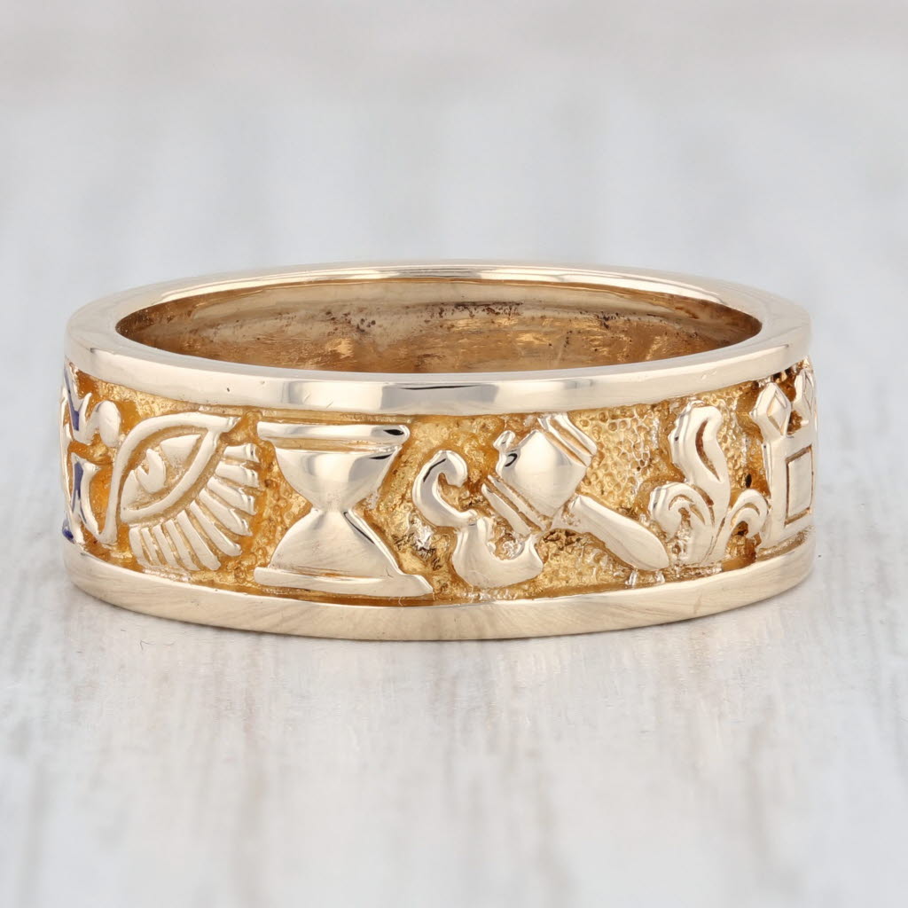 Light Gray Symbolic Masonic Ring 10k Gold Size 9 Band Masonry Working Tools Blue Lodge Signet