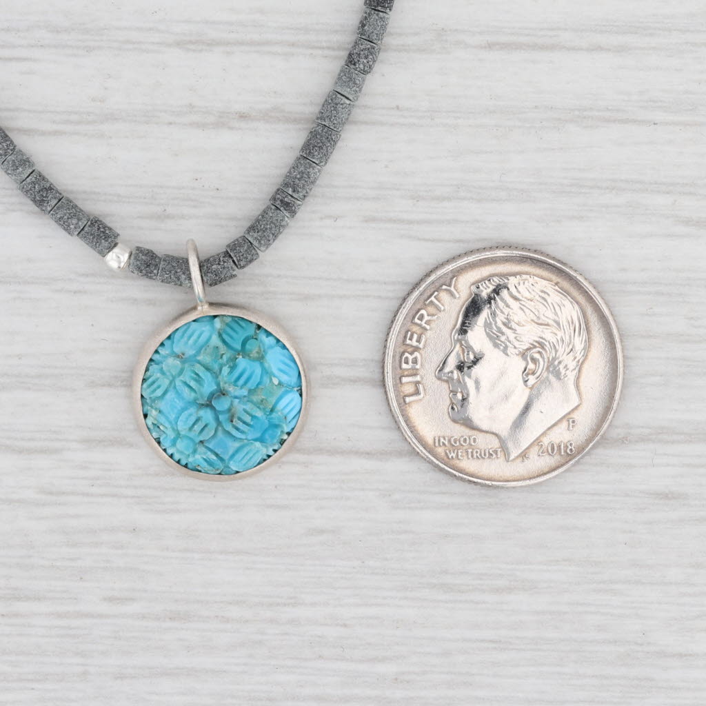 Light Gray New Nina Nguyen Carved Turquoise Flower Pendant Bead Necklace Sterling Silver