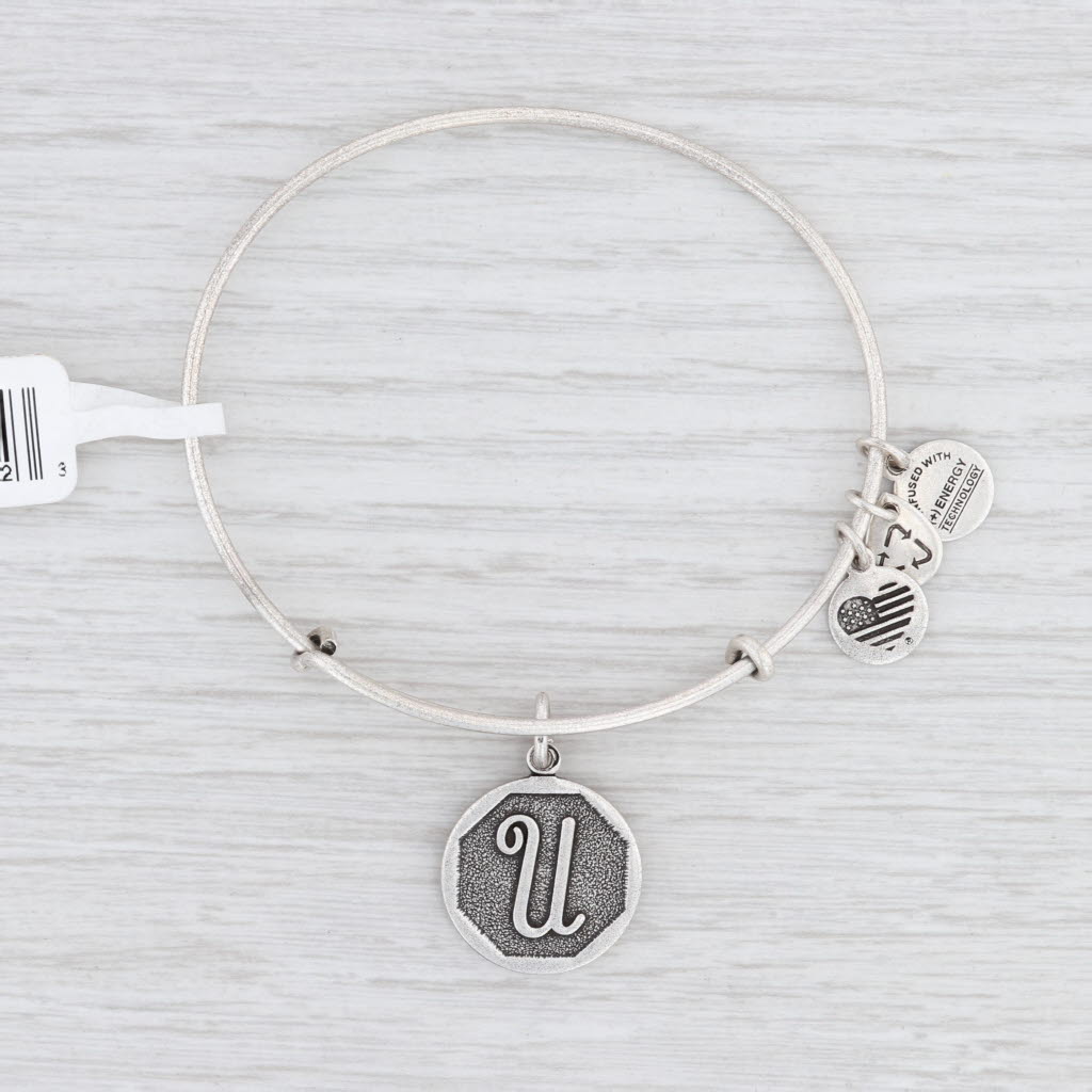 Light Gray New Alex and Ani Initial U Bangle Charm Bracelet Rafaelian Silver Expandable