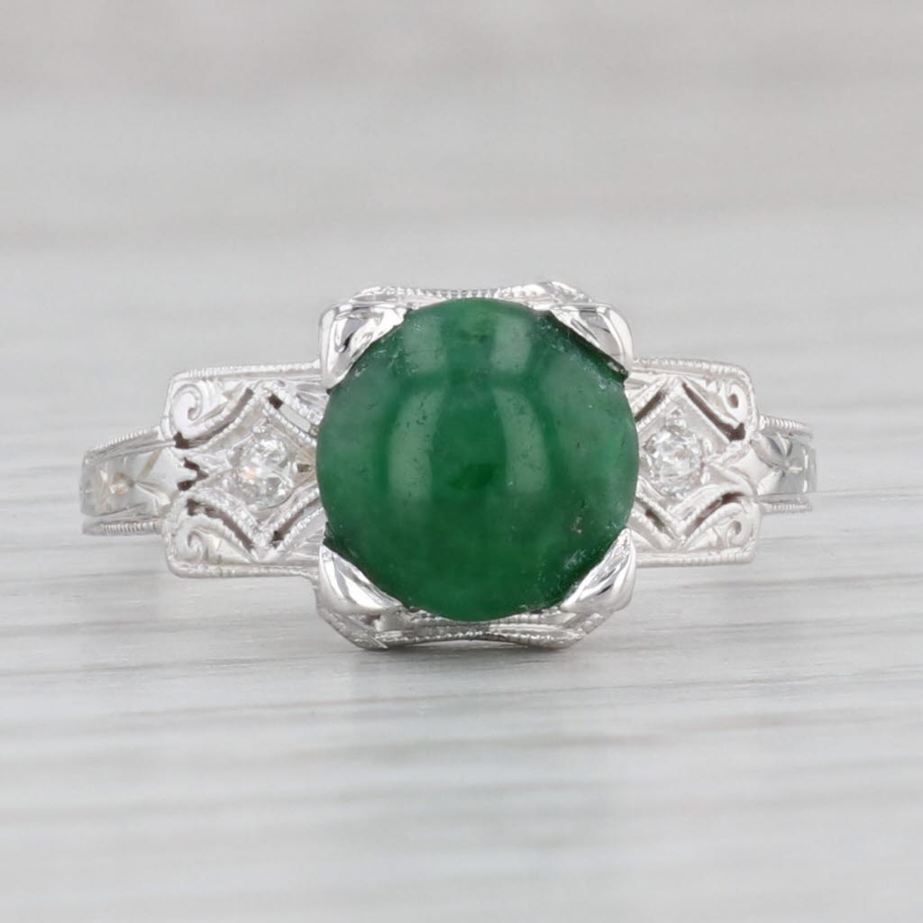 Gray Vintage Green Jadeite Jade Diamond Ring 18k White Gold Size 6.75