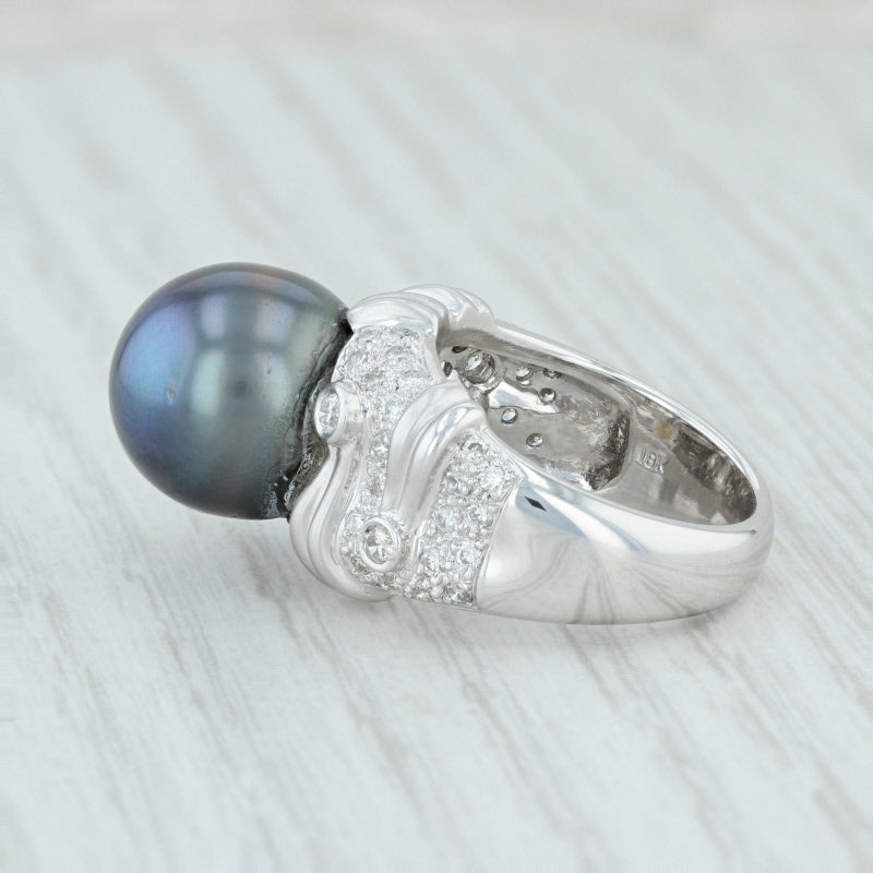 Light Gray Cultured Black Pearl Diamond Cocktail Ring 18k White Gold Size 6.5 High Carat