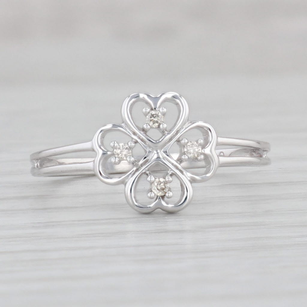 Light Gray Diamond Shamrock Ring 10k White Gold Hearts Clover Size 7.75
