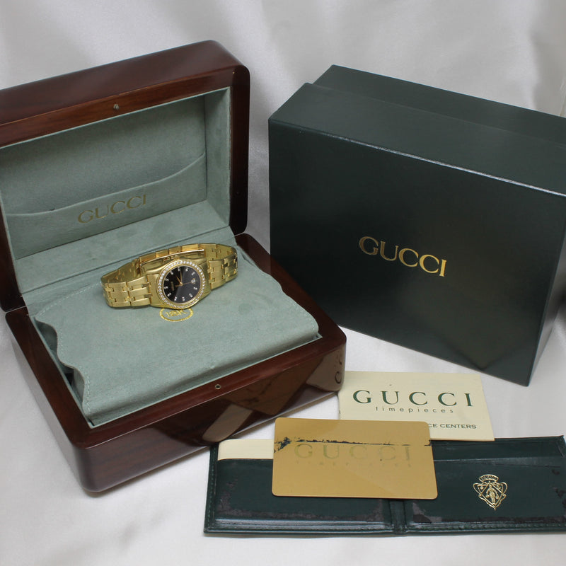Dark Slate Gray Gucci Solid 18k Yellow Gold 29mm Midsize Quartz Watch Diamond Dial & Bezel w Box