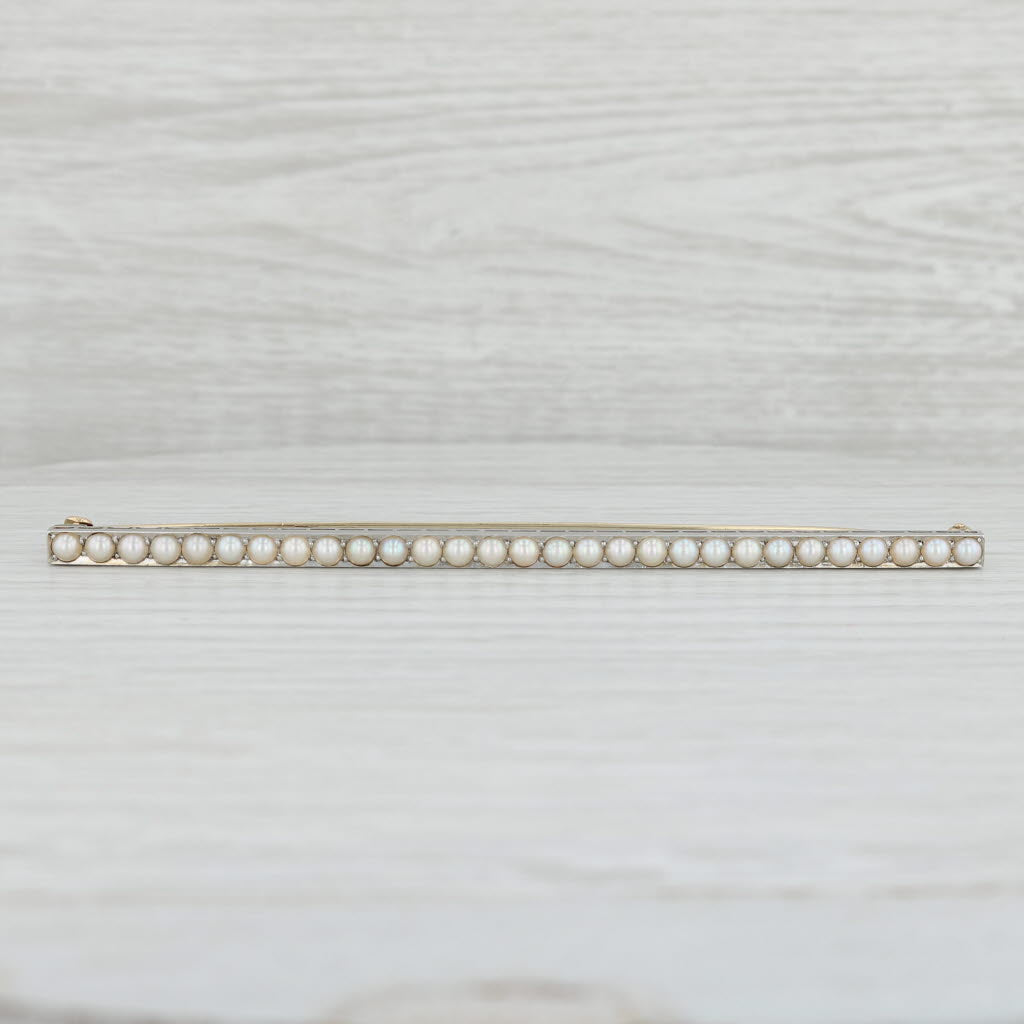 Light Gray Antique Natural Pearls Bar Brooch 14k Gold Platinum Statement Pin