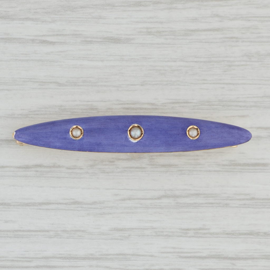 Light Gray Vintage Pearl Purple Enamel Bar Brooch 14k Rose Yellow Gold Pin