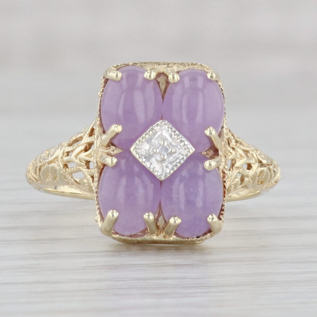 Gray Lavender Jadeite Jade Diamond Filigree Ring 14k Yellow Gold Size 8