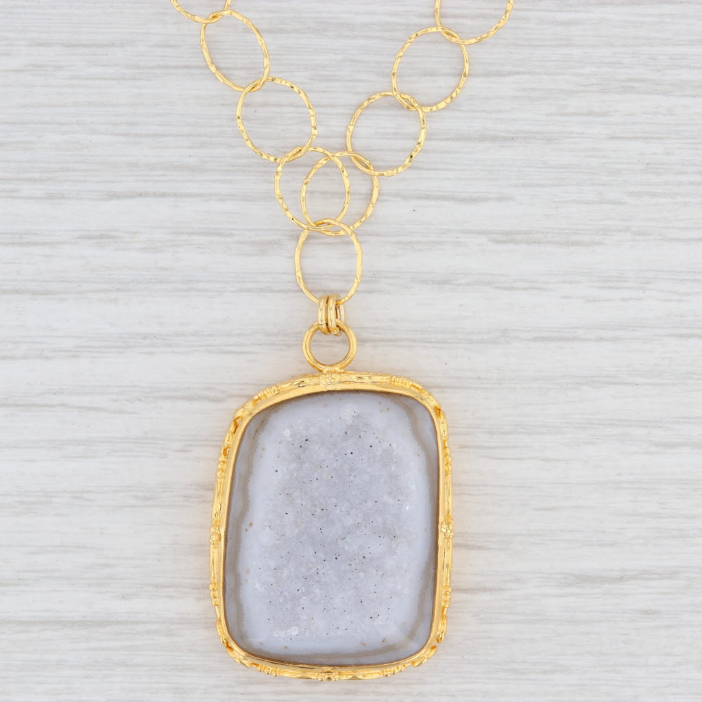 Light Gray New Nina Nguyen White Druzy Quartz Agate Pendant Necklace Gold Vermeil Sterling