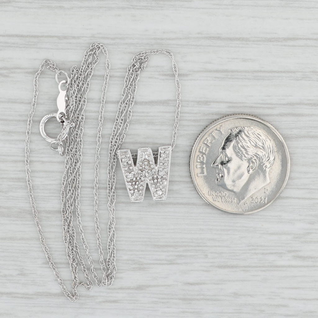 Light Gray Diamond Letter "W" Pendant Necklace 14k White Gold 18" Rope Chain