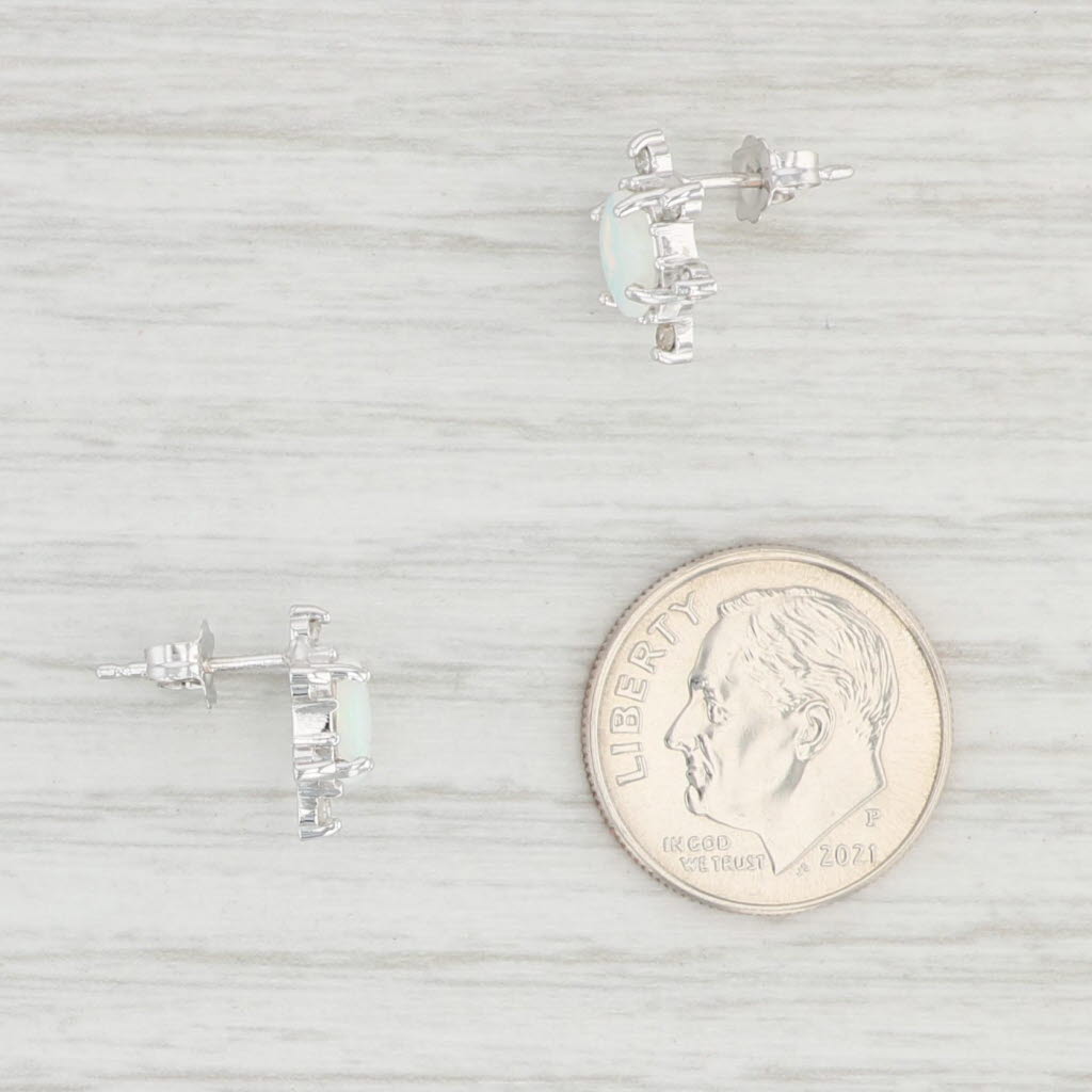 Light Gray Oval Opal Diamond Halo Stud Earrings 14k White Gold
