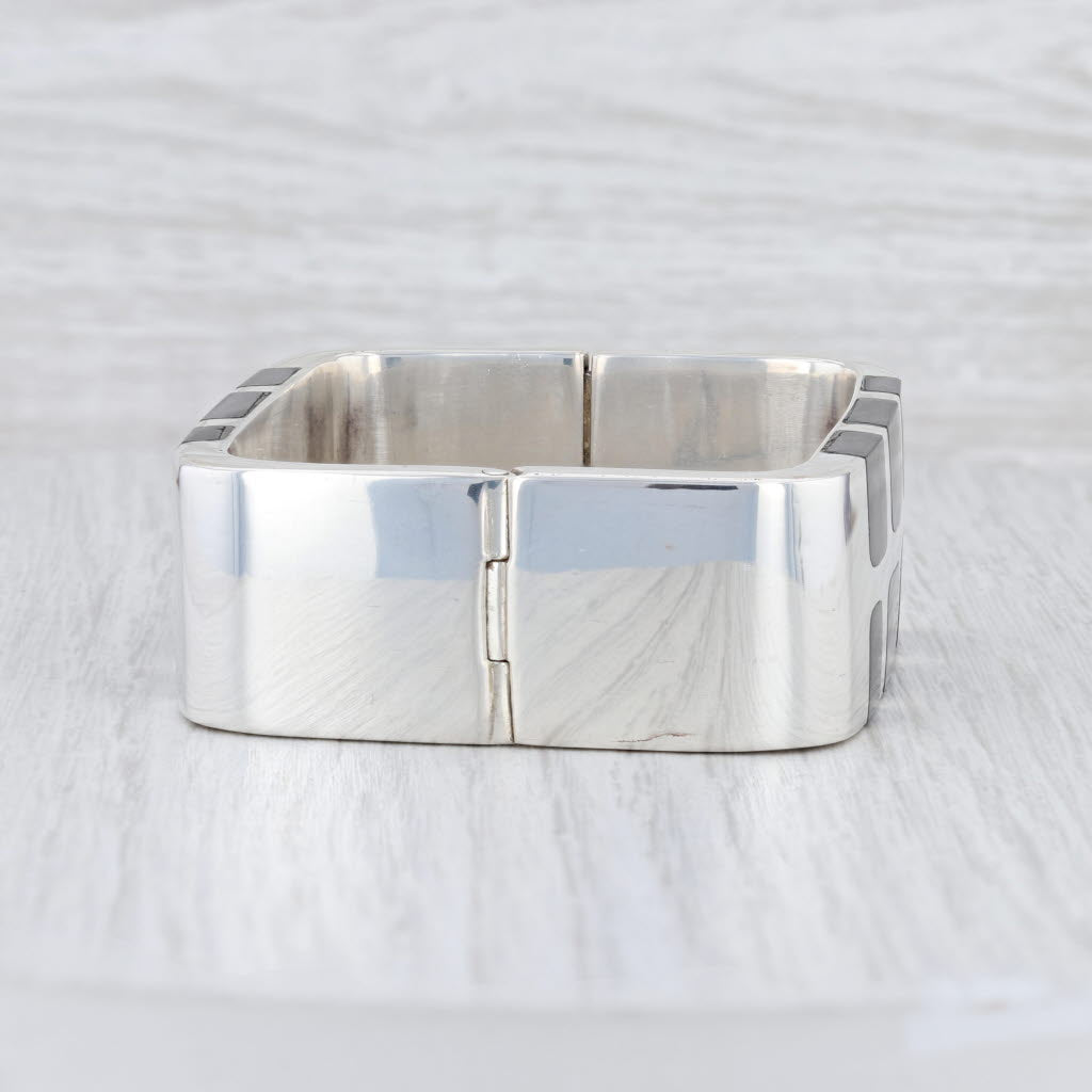 Light Gray Black Obsidian Volcanic Glass Mosaic Bangle Bracelet Sterling Silver 7.5” Taxco