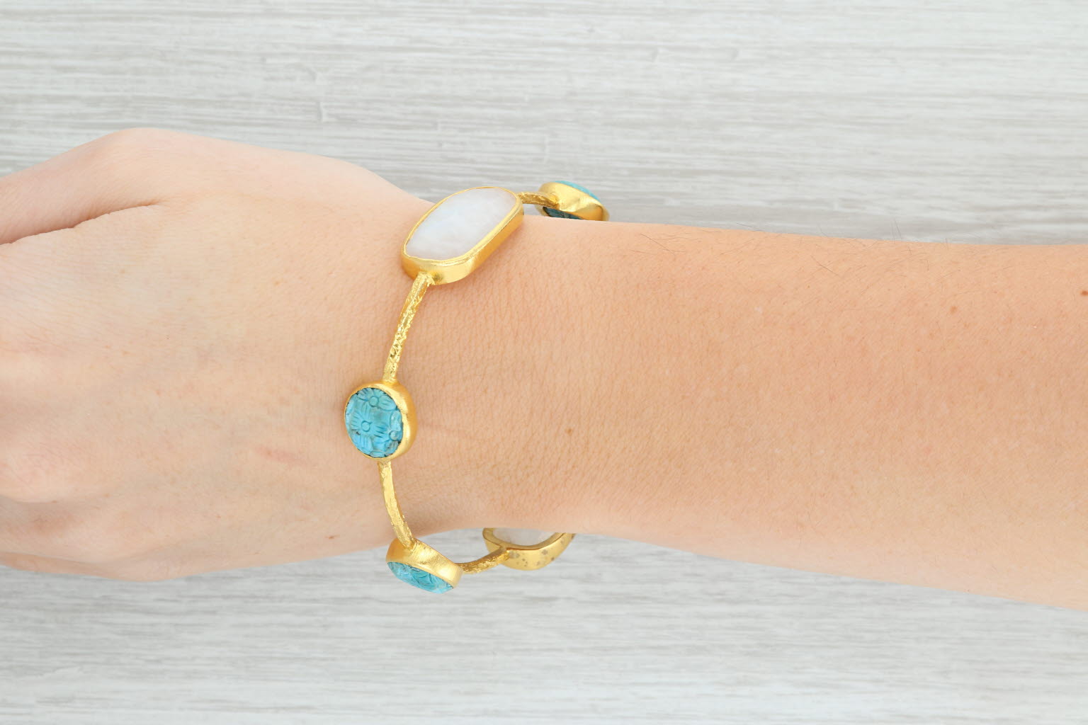Light Gray New Nina Nguyen Turquoise Moonstone Bangle Bracelet Sterling Silver 22k Gold 8"