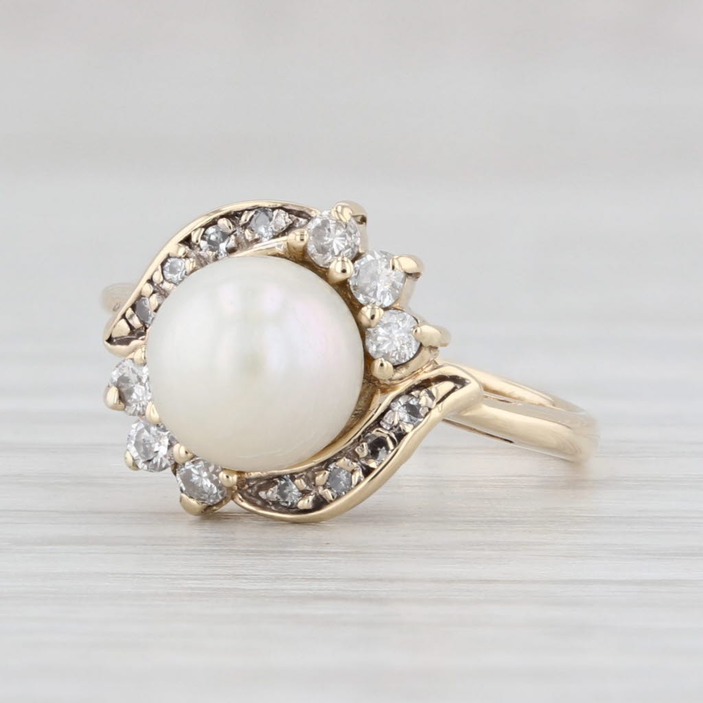 Light Gray Saltwater Cultured Pearl Diamond Ring 14k Yellow Gold Size 6.5 Bypass