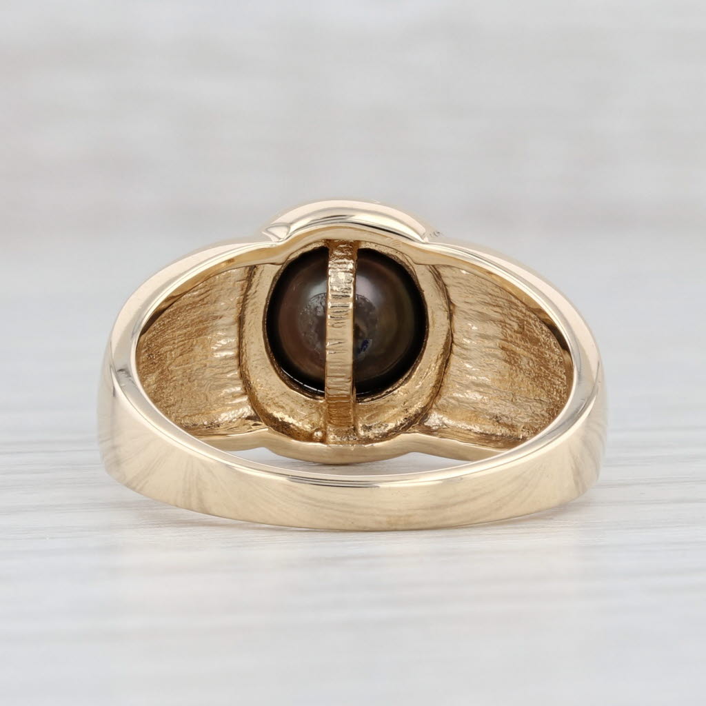 Light Gray Cultured Black Pearl Ring 14k Yellow Gold Resin Size 9 Round Solitaire