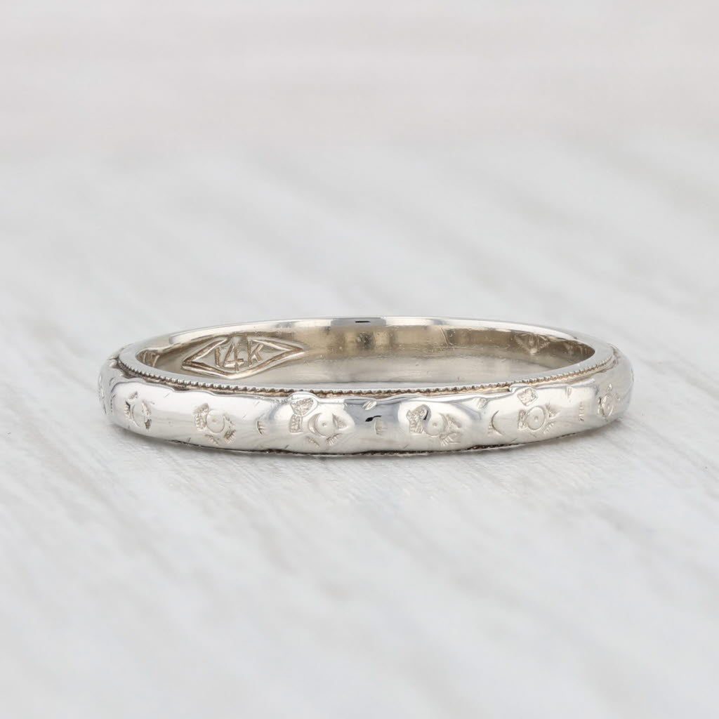 Light Gray Art Deco Floral Band 14k White Gold Size 6.25 Wedding Stackable Ring