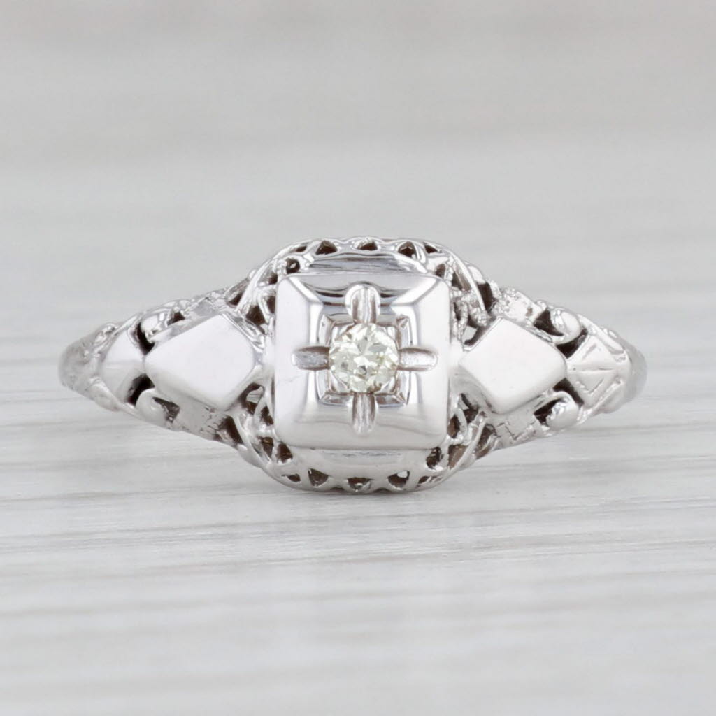 Light Gray Art Deco VS2 Diamond Engagement Ring 14k White Gold Filigree Size 5.25