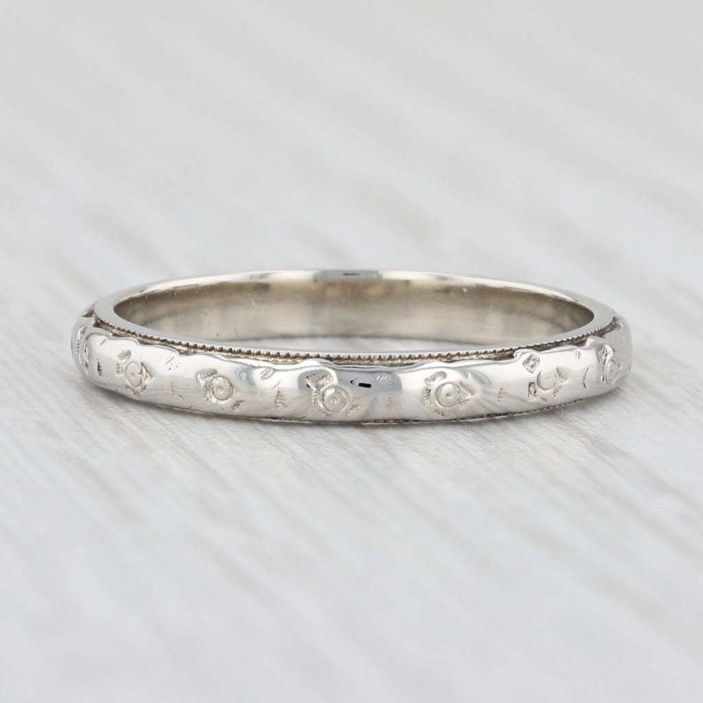 Light Gray Art Deco Floral Band 14k White Gold Size 6.25 Wedding Stackable Ring