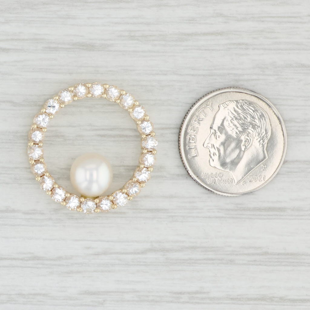 Light Gray 1.50ctw Colorless White Sapphire Cultured Pearl Circle Pendant 10k Yellow Gold
